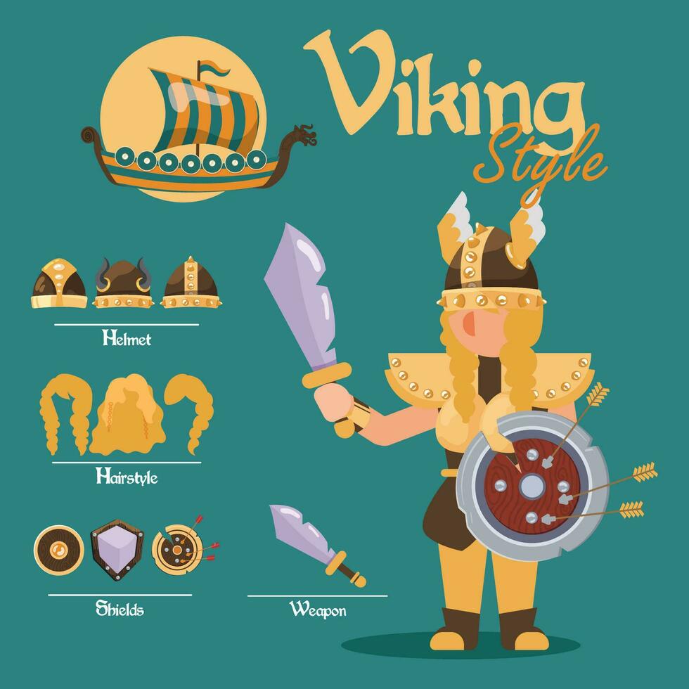 Cute viking female character asset with weapons and helmets Vector illustration