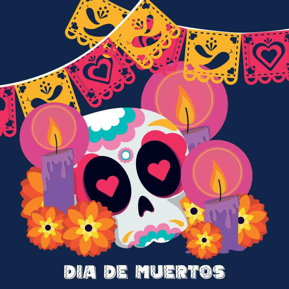 Mexican skull with candles dia de los muertos poster Vector illustration