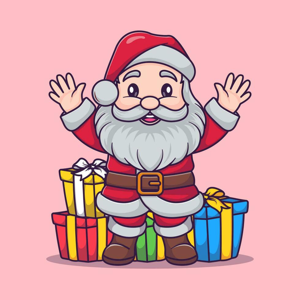 Cute Santa Claus with many presents vector cartoon illustration