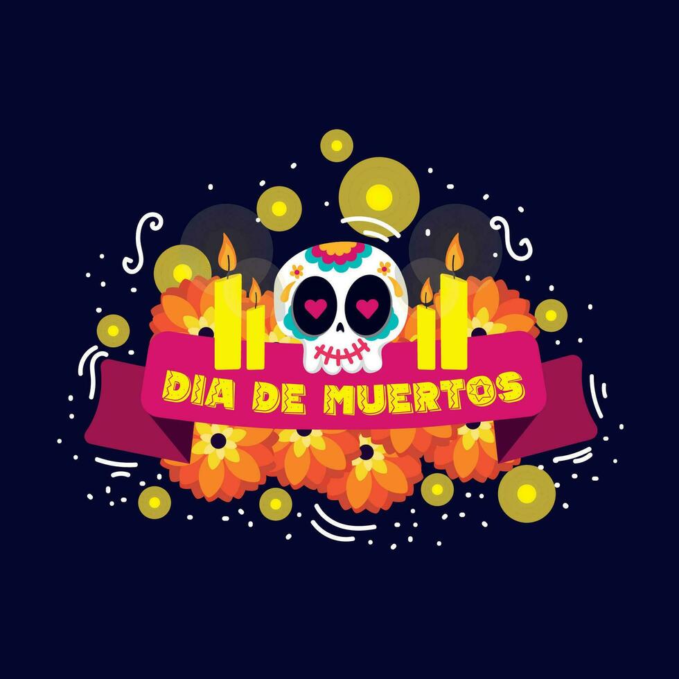 Dia de los muertos banner with flowers and a skull Vector illustration