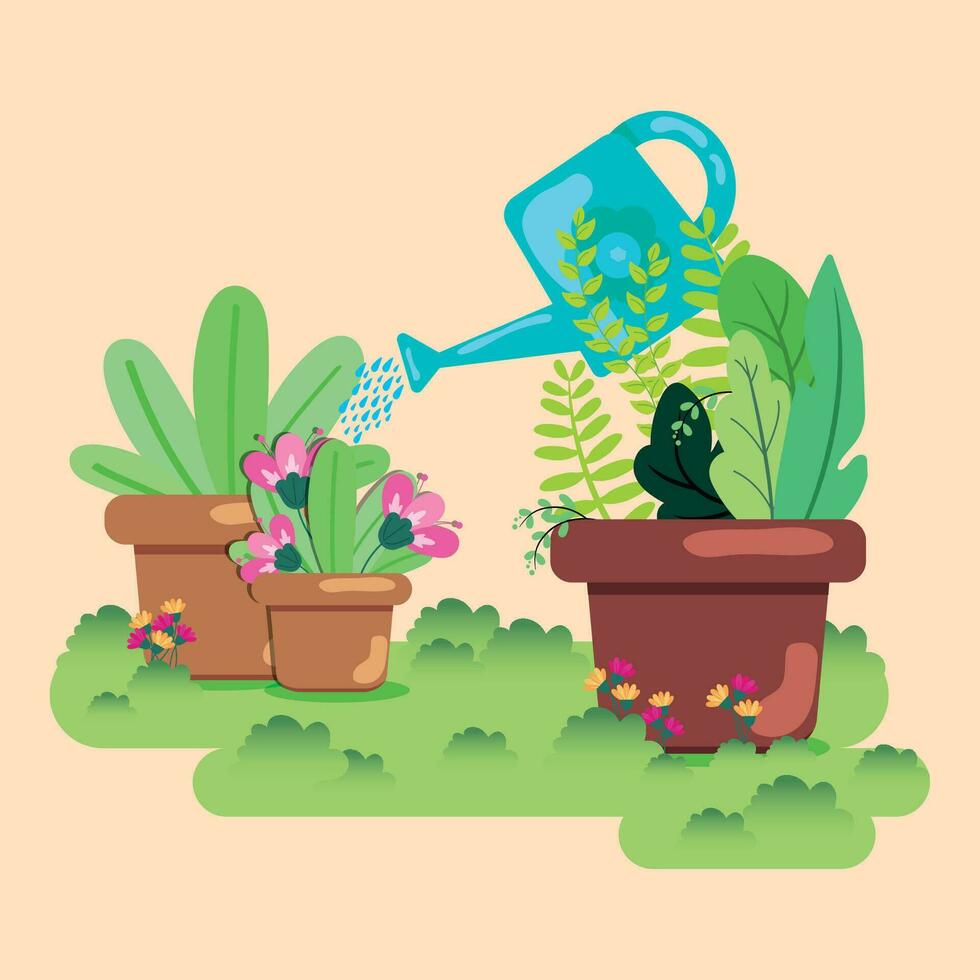 linda plano estilo jardín con un riego lata vector ilustración