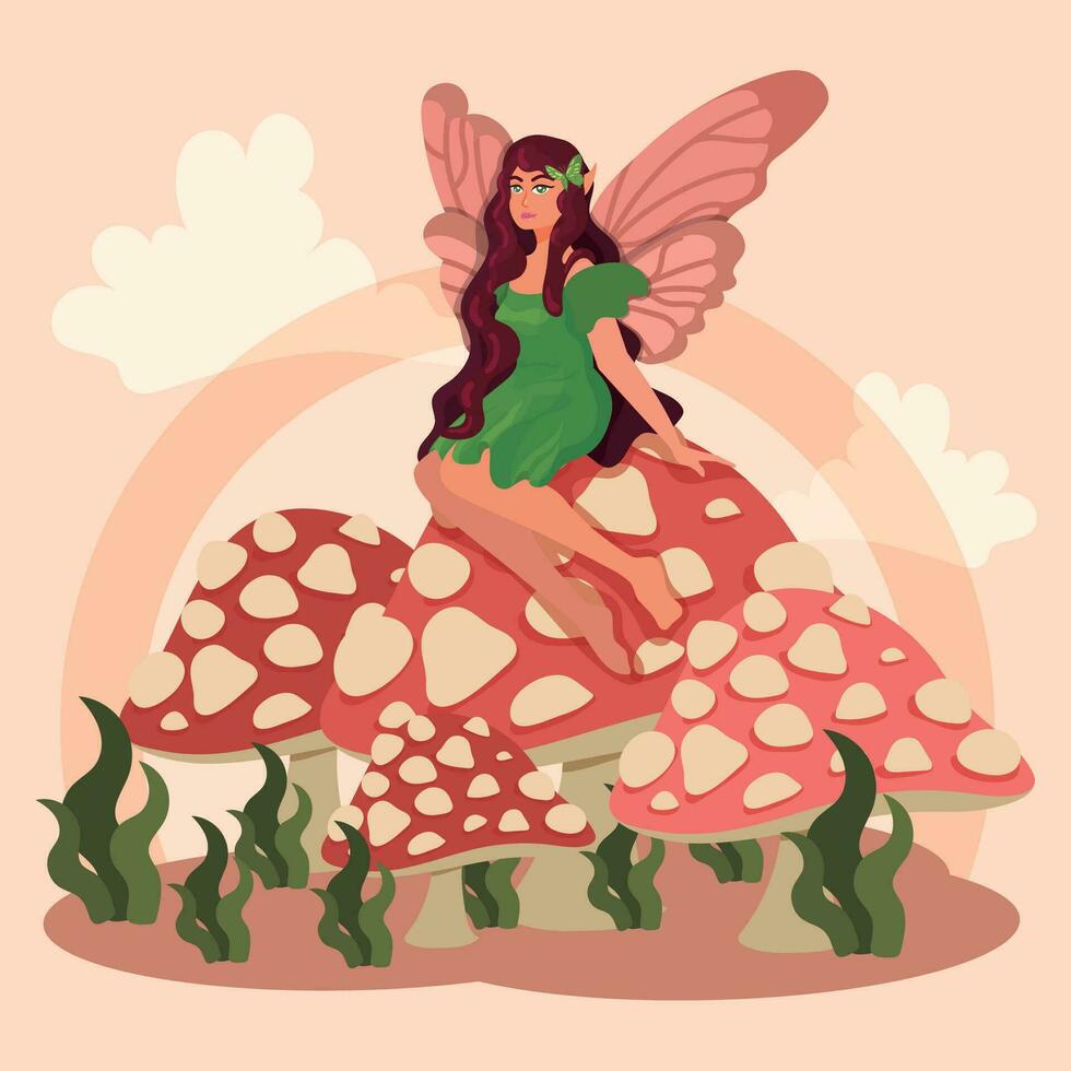 hada sentado en hongos fantasía personaje vector ilustración