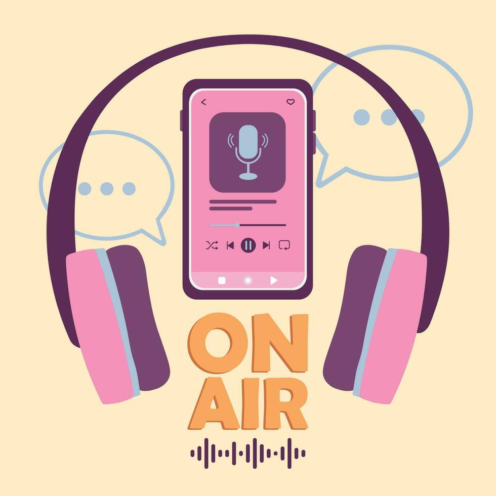 Smartphone and headphones on air transmission Podcast Vector illustration