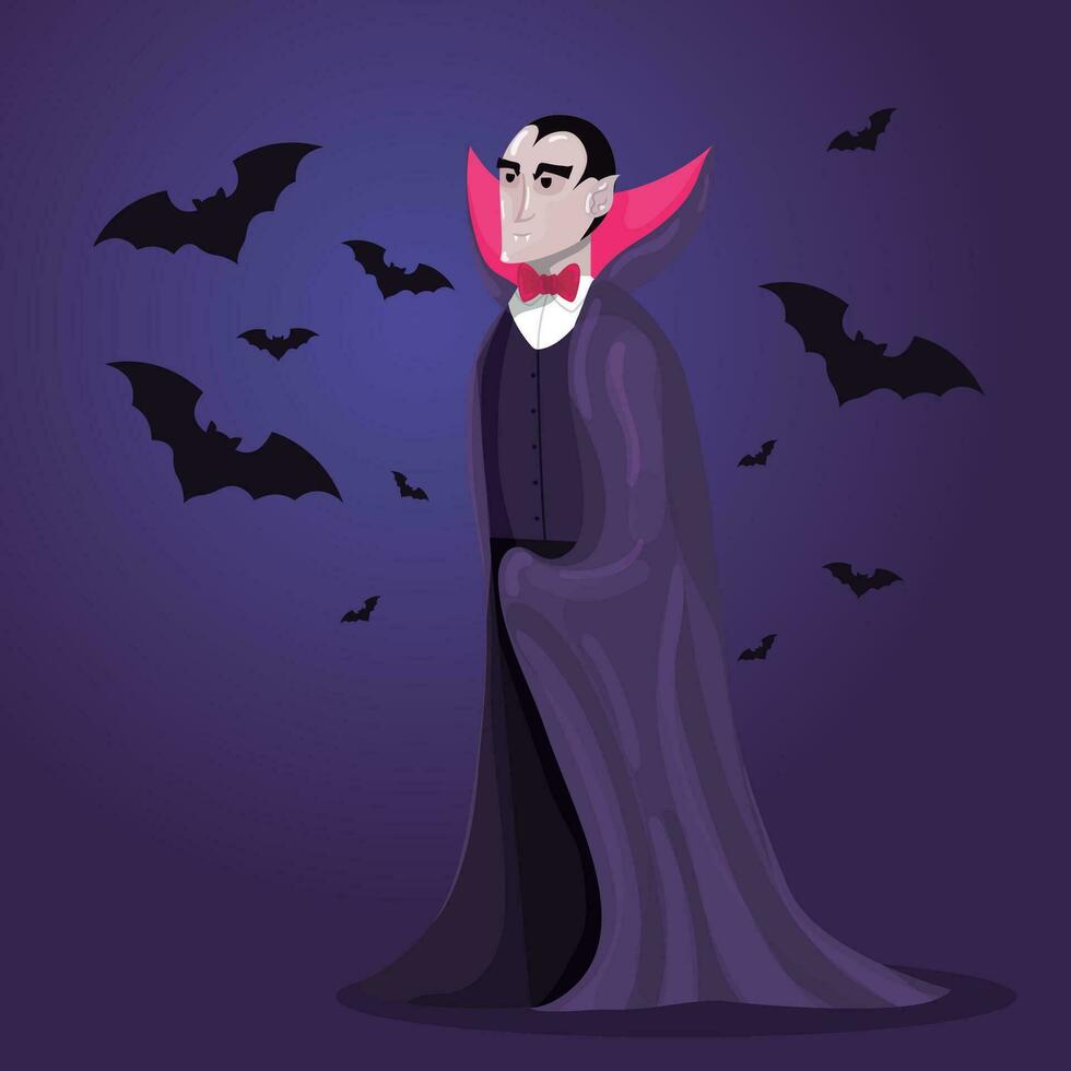 Scary vampire with bats Fantasy character Vector illustration