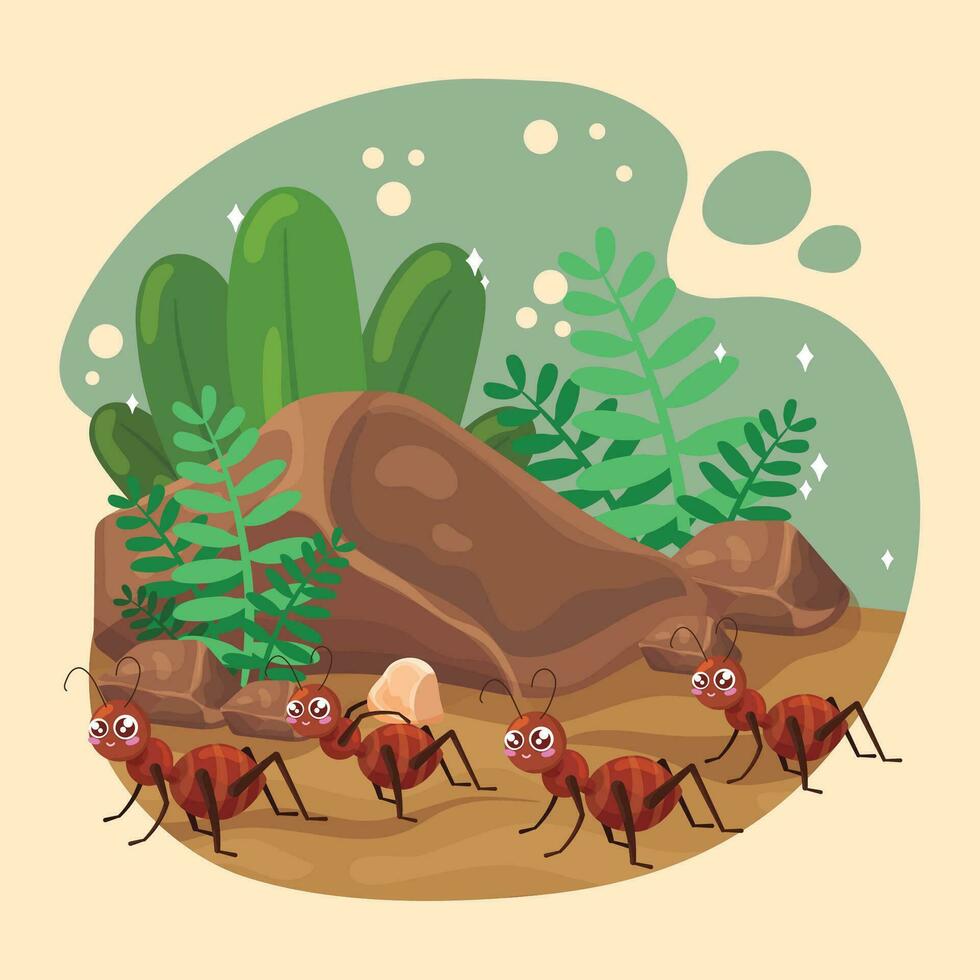 Cute ant insect characters on the groind with leaves Vector illustration