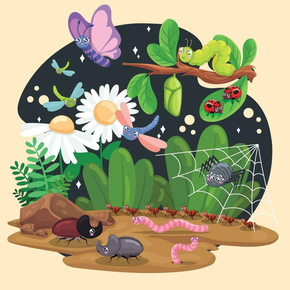 Cute insect characters on a nature environment background Vector illustration