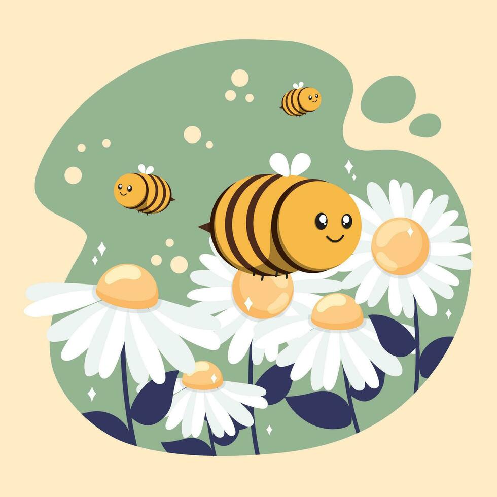 Cute bee insects flying on flowers Vector illustration