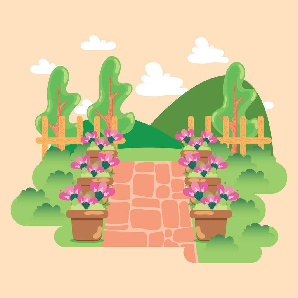 Cute colored flat style garden Vector illustration