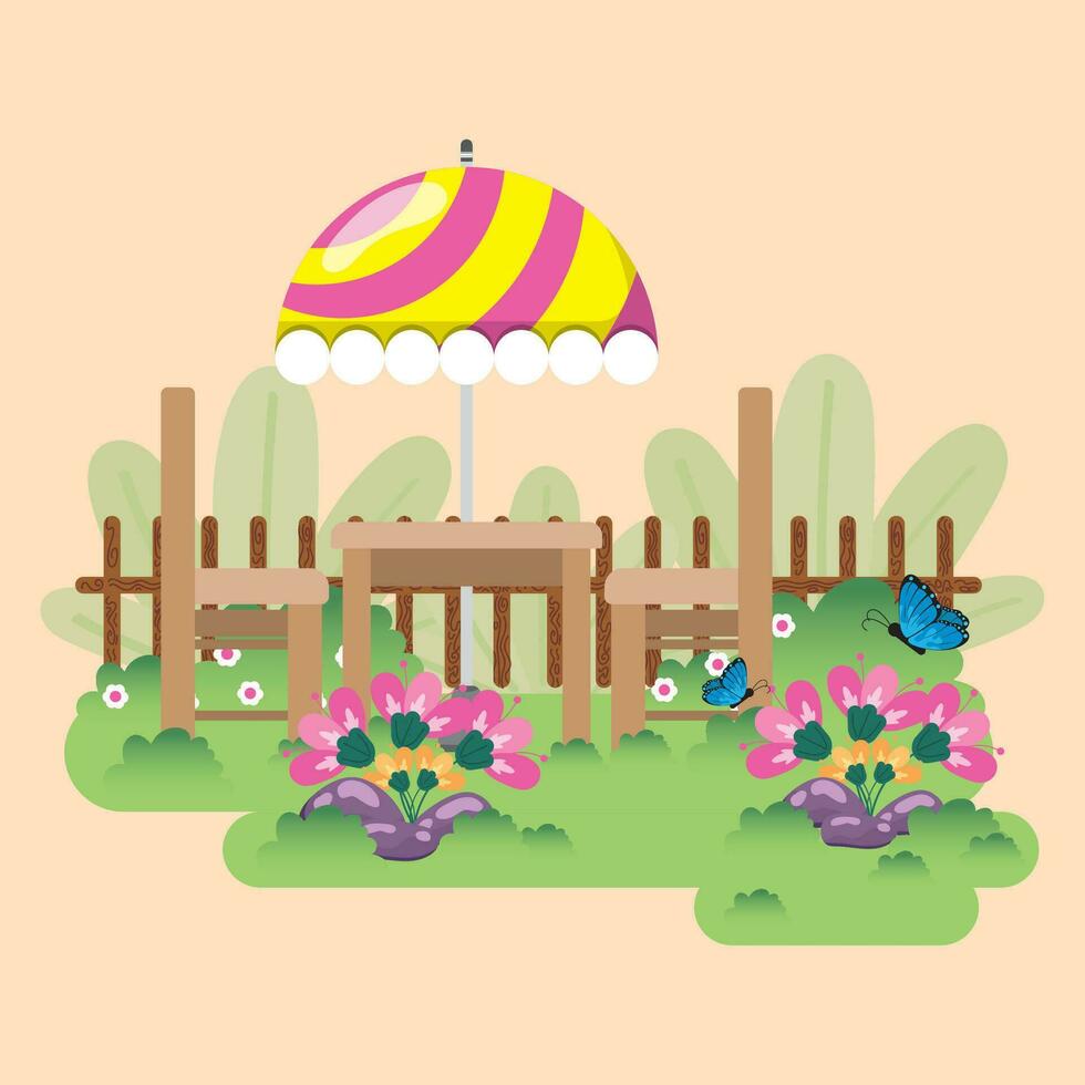 Cute flat style garden with outdoor table Vector illustration