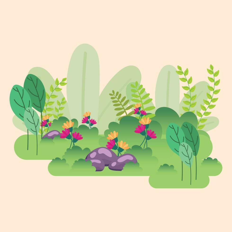 Cute flat style garden with flowers Vector illustration