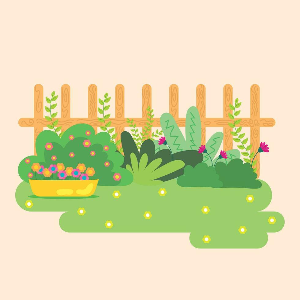 Colored cute garden with fence Flat style Vector illustration
