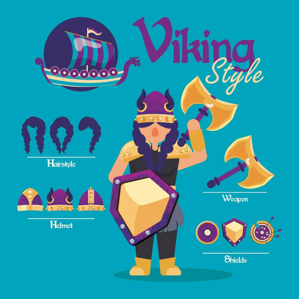 Cute viking female character asset with weapons and helmets Vector illustration