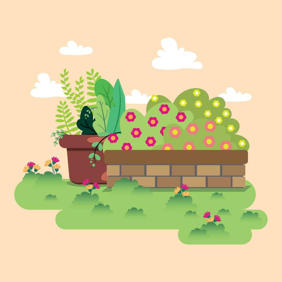 Cute flat style garden with indoor plants Vector illustration