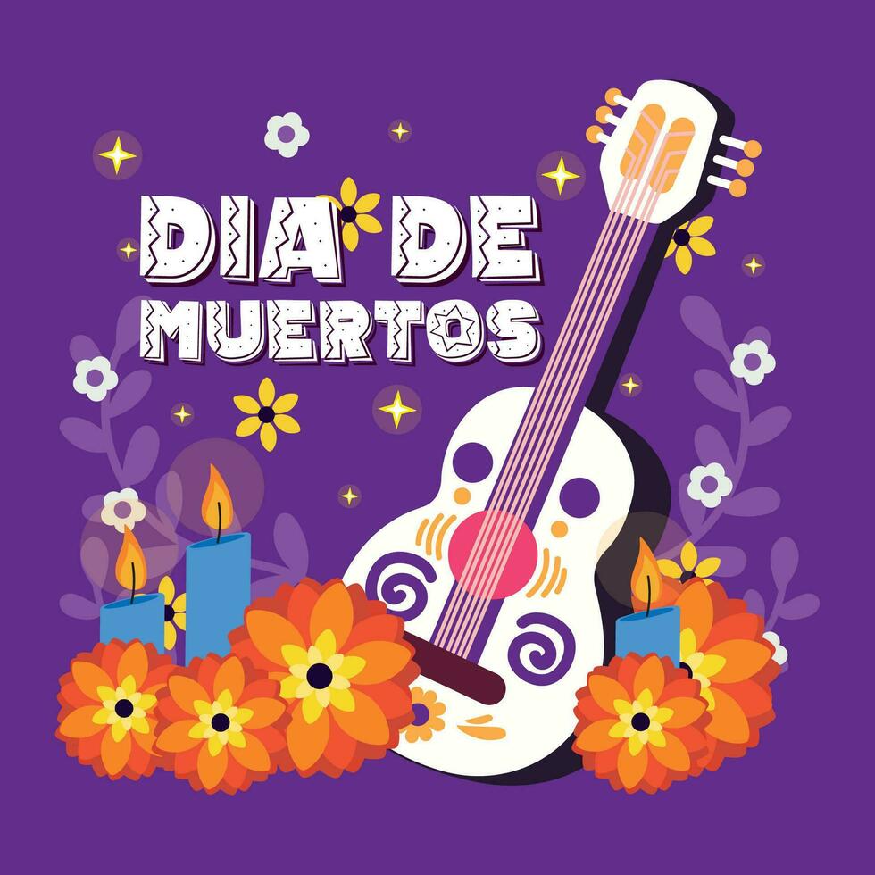 Mexican guitar with flowers Dia de los muertos background Vector illustration