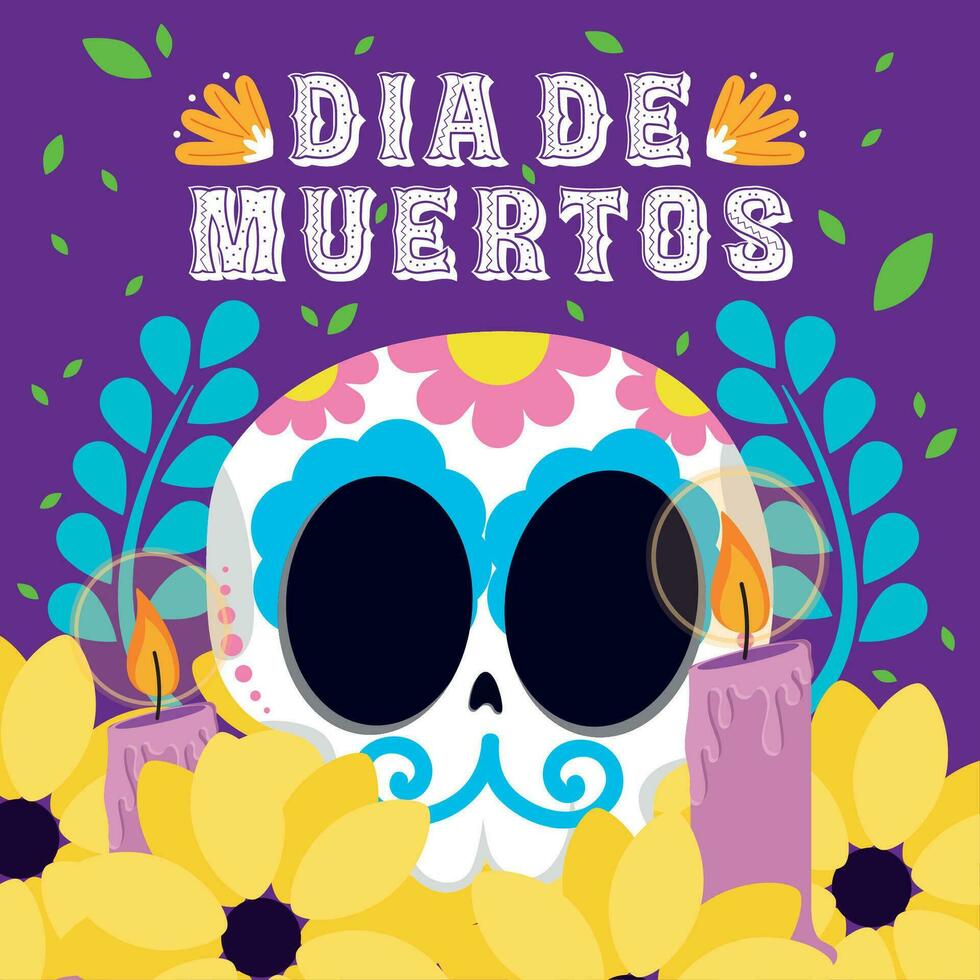 Dia de los muertos background with flowers and skull Vector illustration
