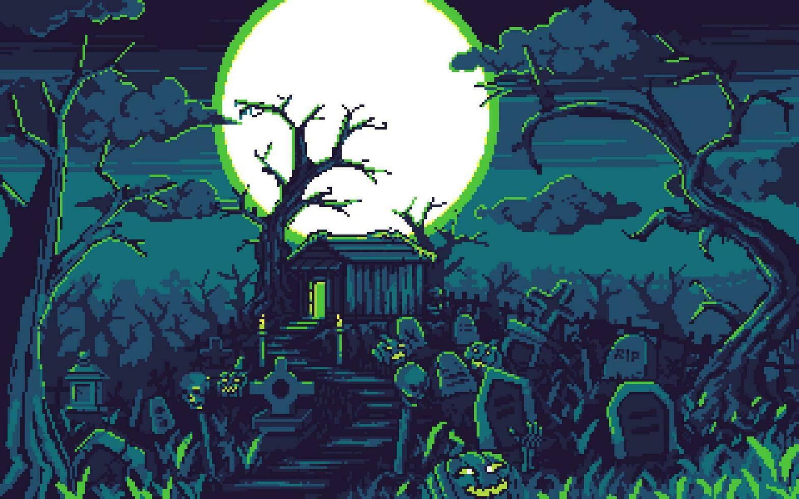 Pixel art illustration Halloween background. Pixelated Grave. Inside