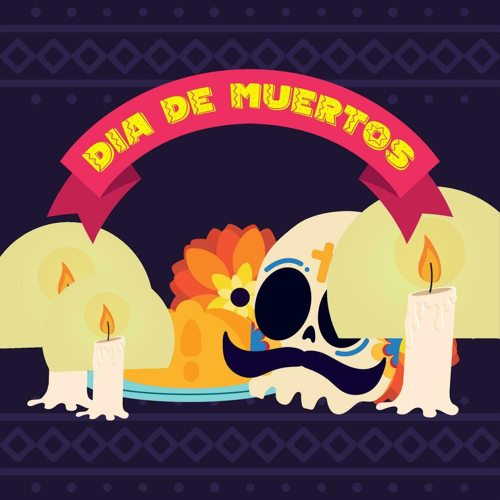 Skull with flowers and candles dia de los muertos poster Vector illustration