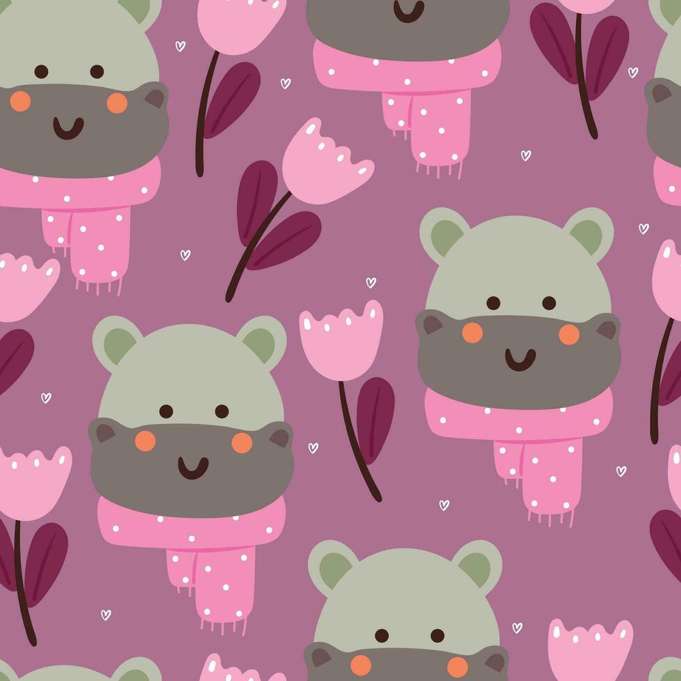 seamless pattern cartoon hippo wearing scarf with cartoon flowers. cute animal wallpaper illustration for gift wrap paper vector