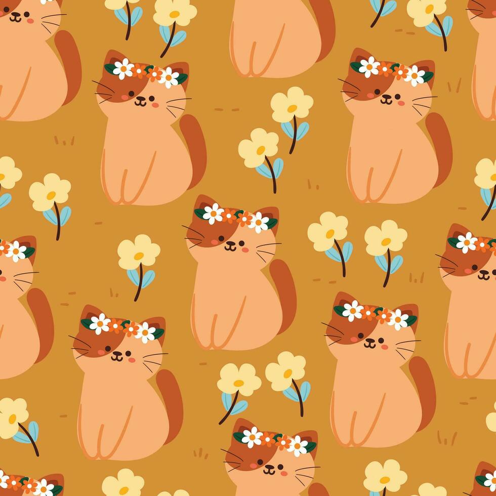 seamless pattern cartoon cat and flower. cute animal wallpaper for textile, gift wrap paper vector