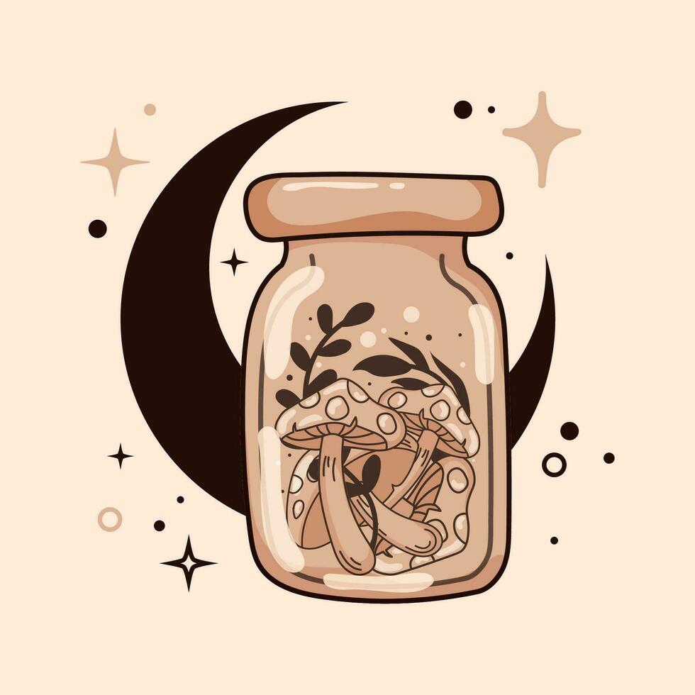 Sketch of magic mushrooms on a jar Tarot style Vector illustration