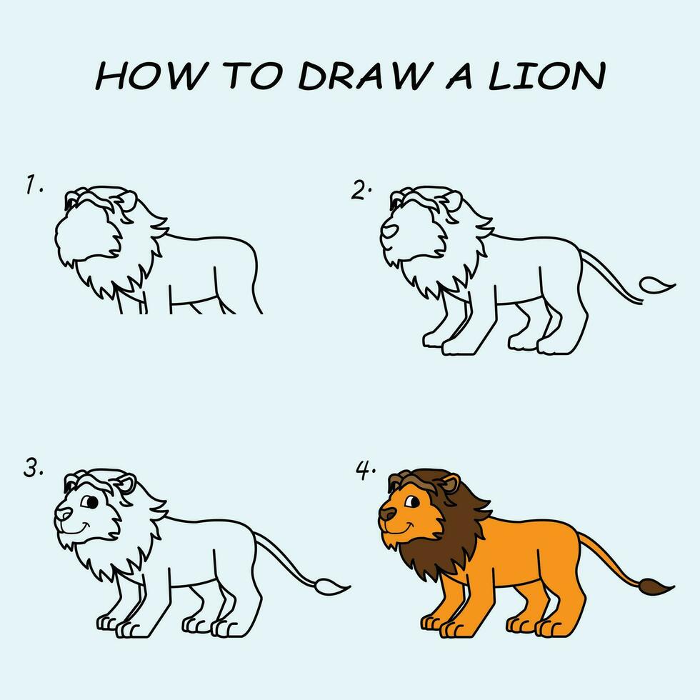 Step by step to draw a Lion. Drawing tutorial a Lion. Drawing lesson for children. Vector illustration