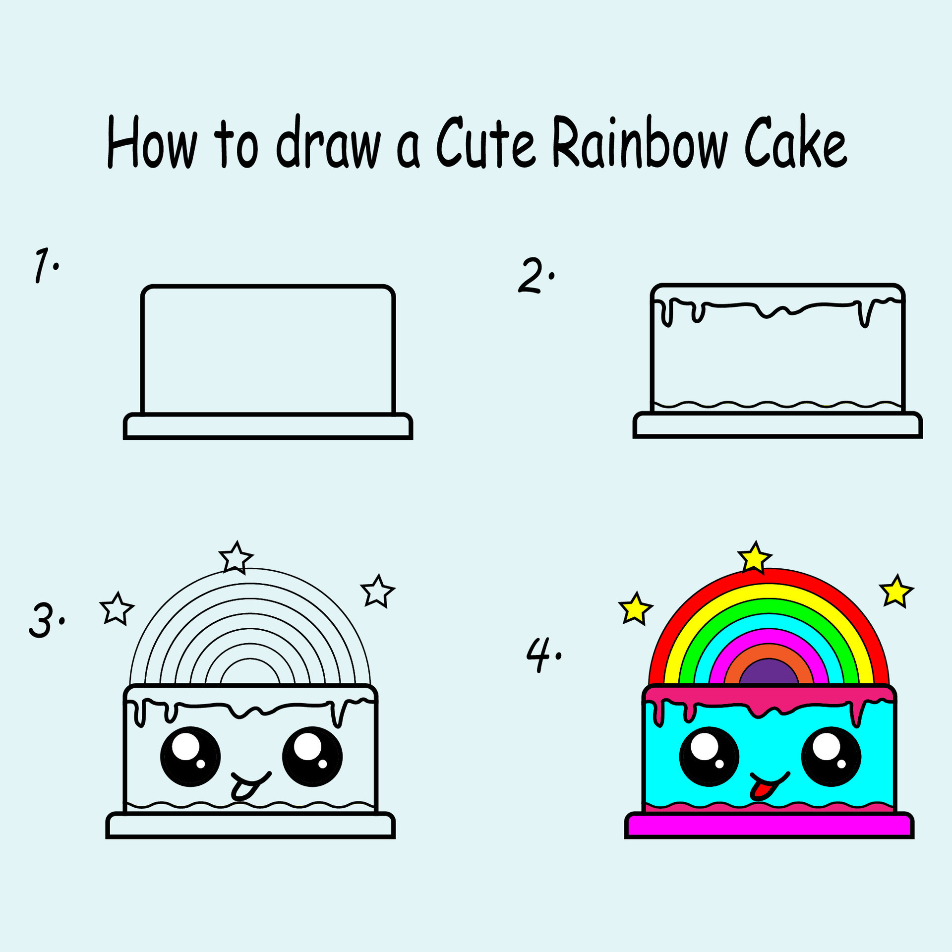 Step by step to draw a Cute Rainbow Cake. Drawing tutorial a Cute
