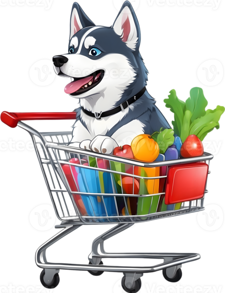 cute cartoon dog in shopping cart ai generative png