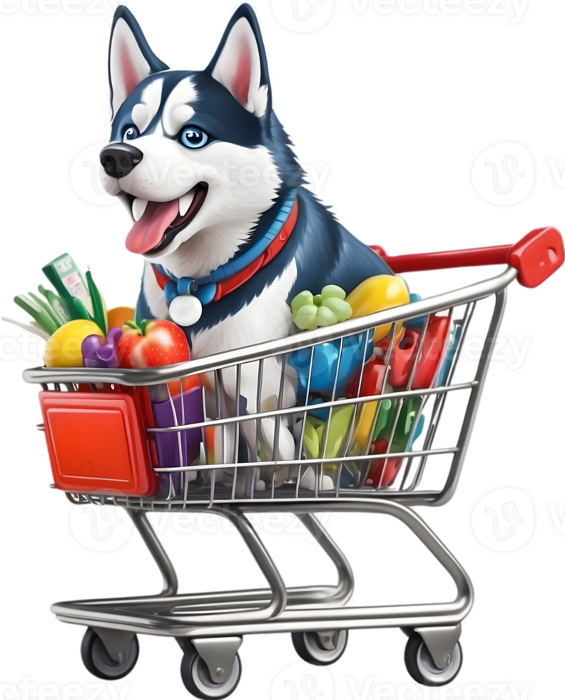 cute cartoon dog in shopping cart ai generative png