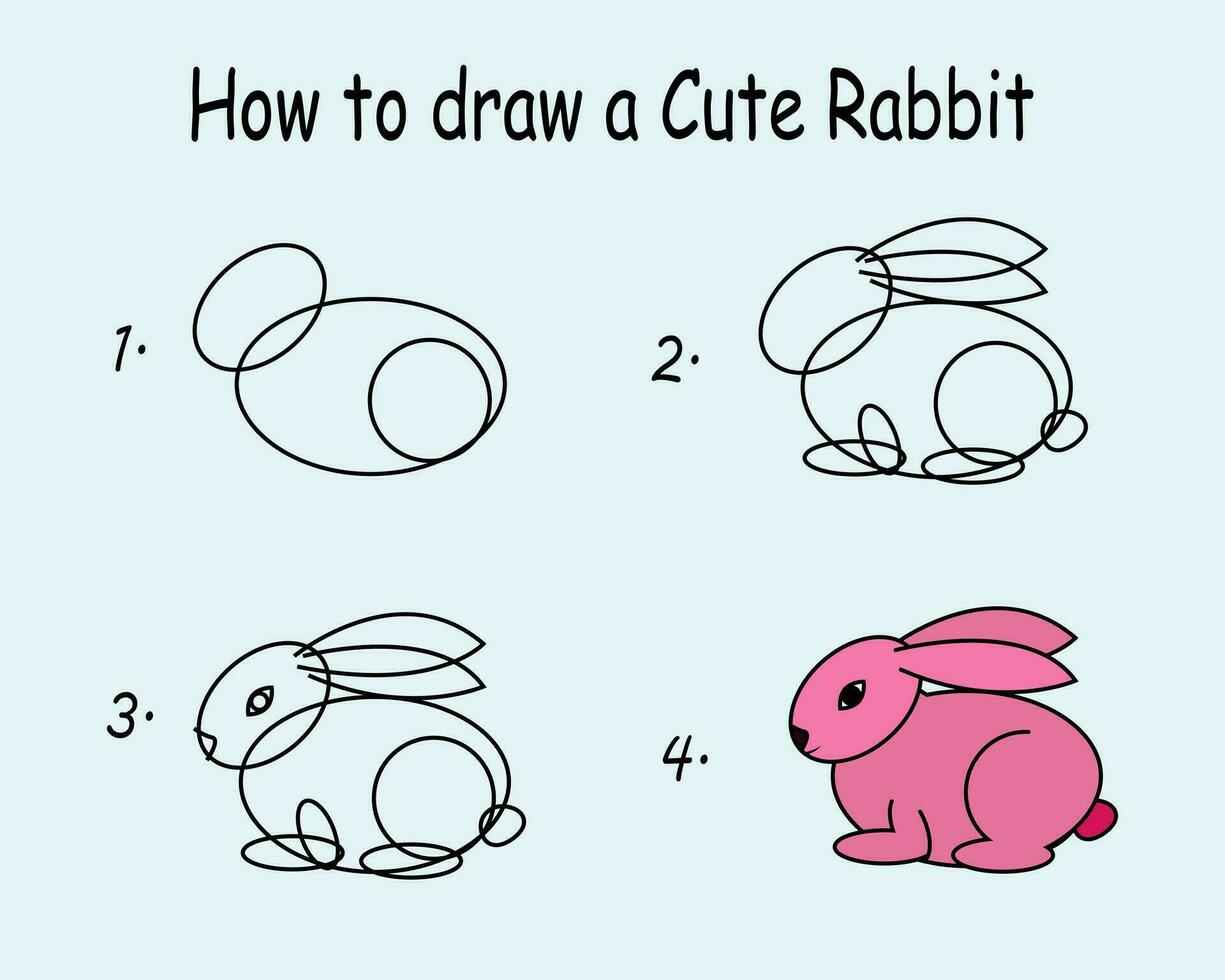 Step to step draw a Cute Rabbit. Good for drawing child kid illustration. Vector illustration