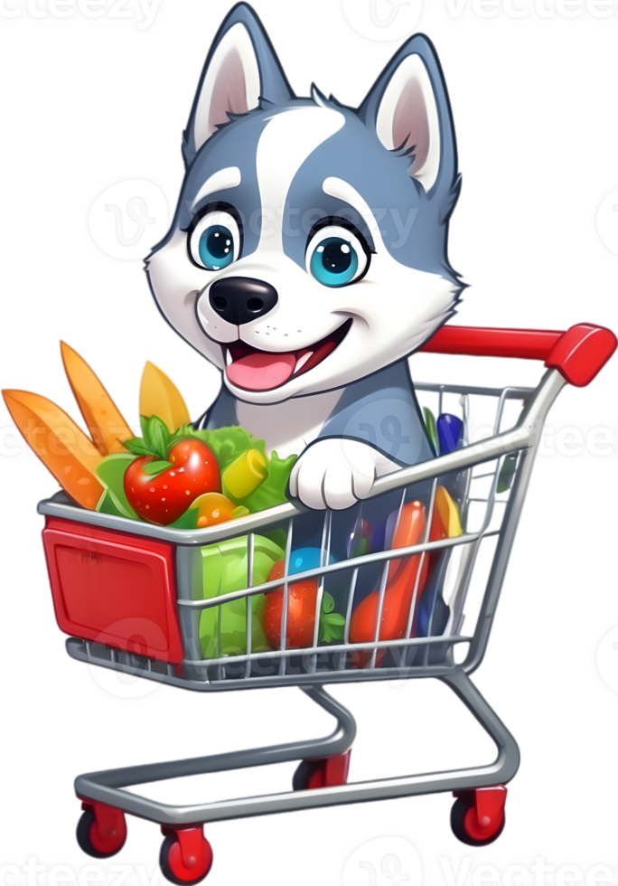 cute cartoon dog in shopping cart ai generative png