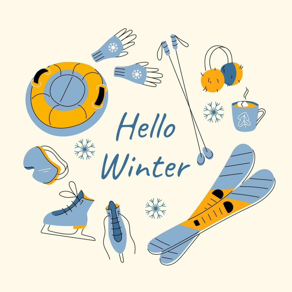 Winter sport greeting card background. Round frame with ice skates, mountain skis and poles, tube, mask and hello winter saying in hand drawn style. Modem flat vector illustration.