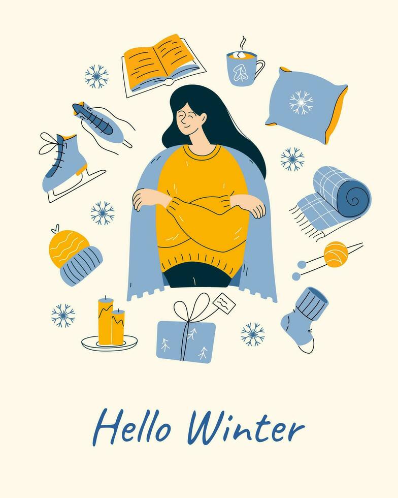 Hello winter greeting card design with woman in sweater and warm cozy blanket surrounded with leisure activity elements. Modern hand drawn flat vector illustration.