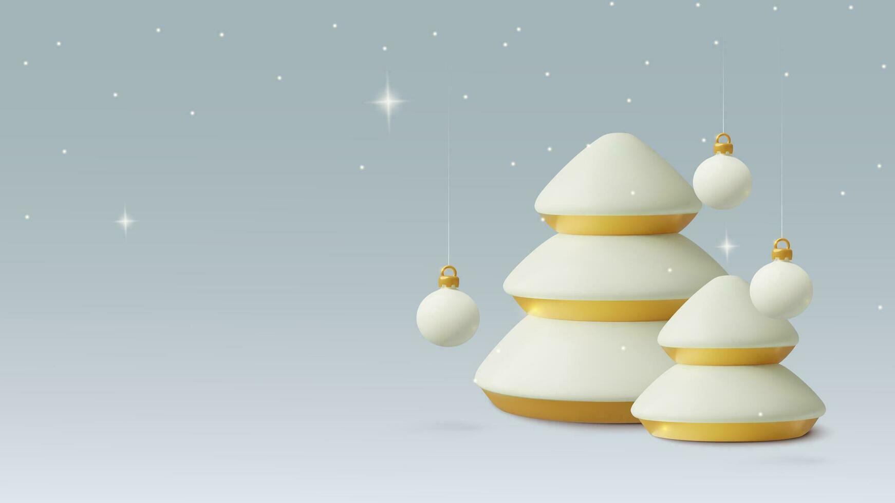 Christmas night background with copy space. 3d winter pine trees, snow, sparkling stars and hanging balls. Three dimensional vector illustration.