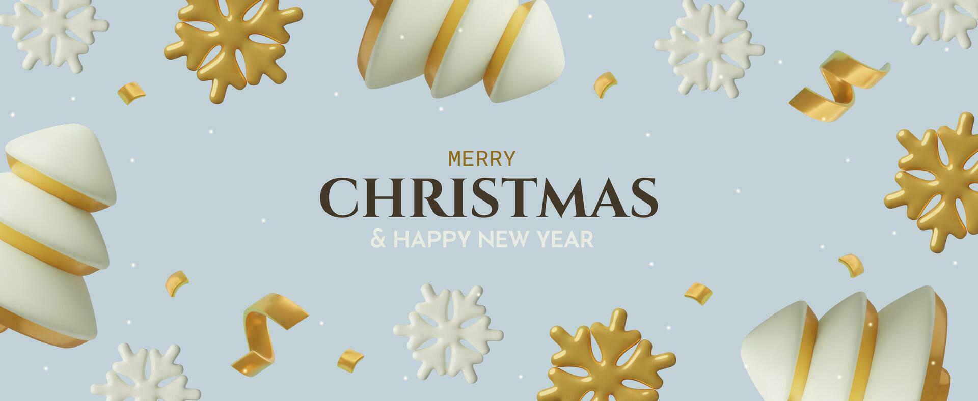 Christmas background with 3D realistic white winter pine trees, snowflakes and golden confetti vector