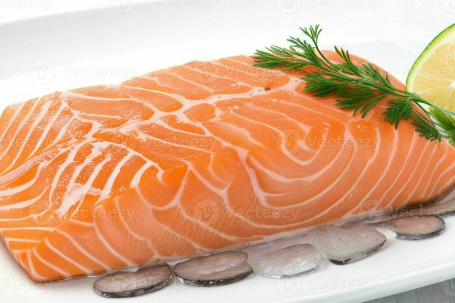 Fresh raw salmon fillet over ice. AI Generative Pro Photo