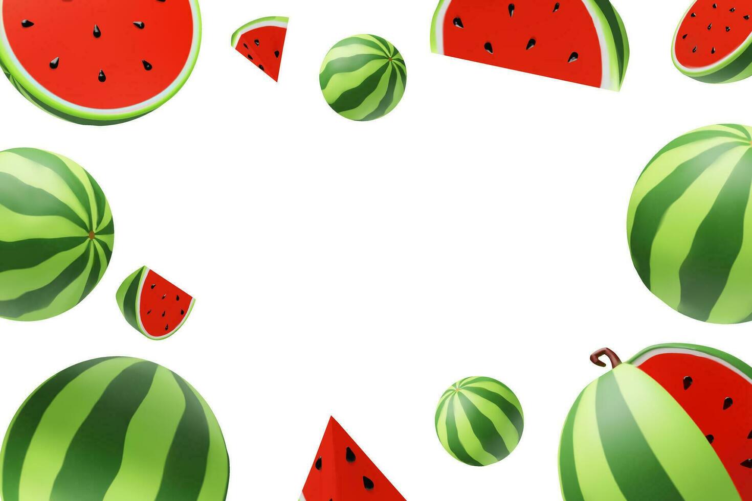 Watermelon frame for card or banner. Bright summer template with red and green fruit, seeds. Realistic Vector illustration poster for party. Fresh sweet slices border for holiday