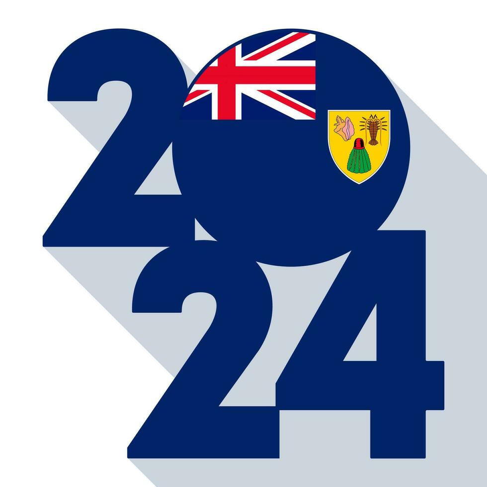 Happy New Year 2024, long shadow banner with Turks and Caicos flag inside. Vector illustration.