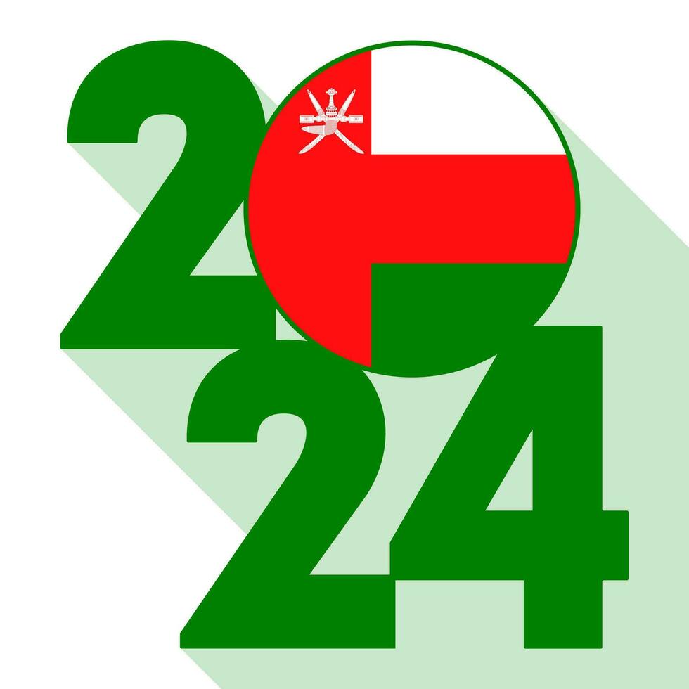 Happy New Year 2024, long shadow banner with Oman flag inside. Vector illustration.