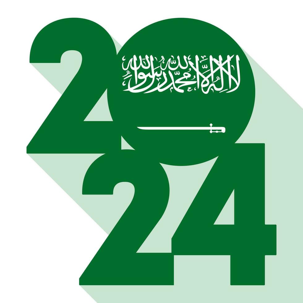 Happy New Year 2024, long shadow banner with Saudi Arabia flag inside. Vector illustration.