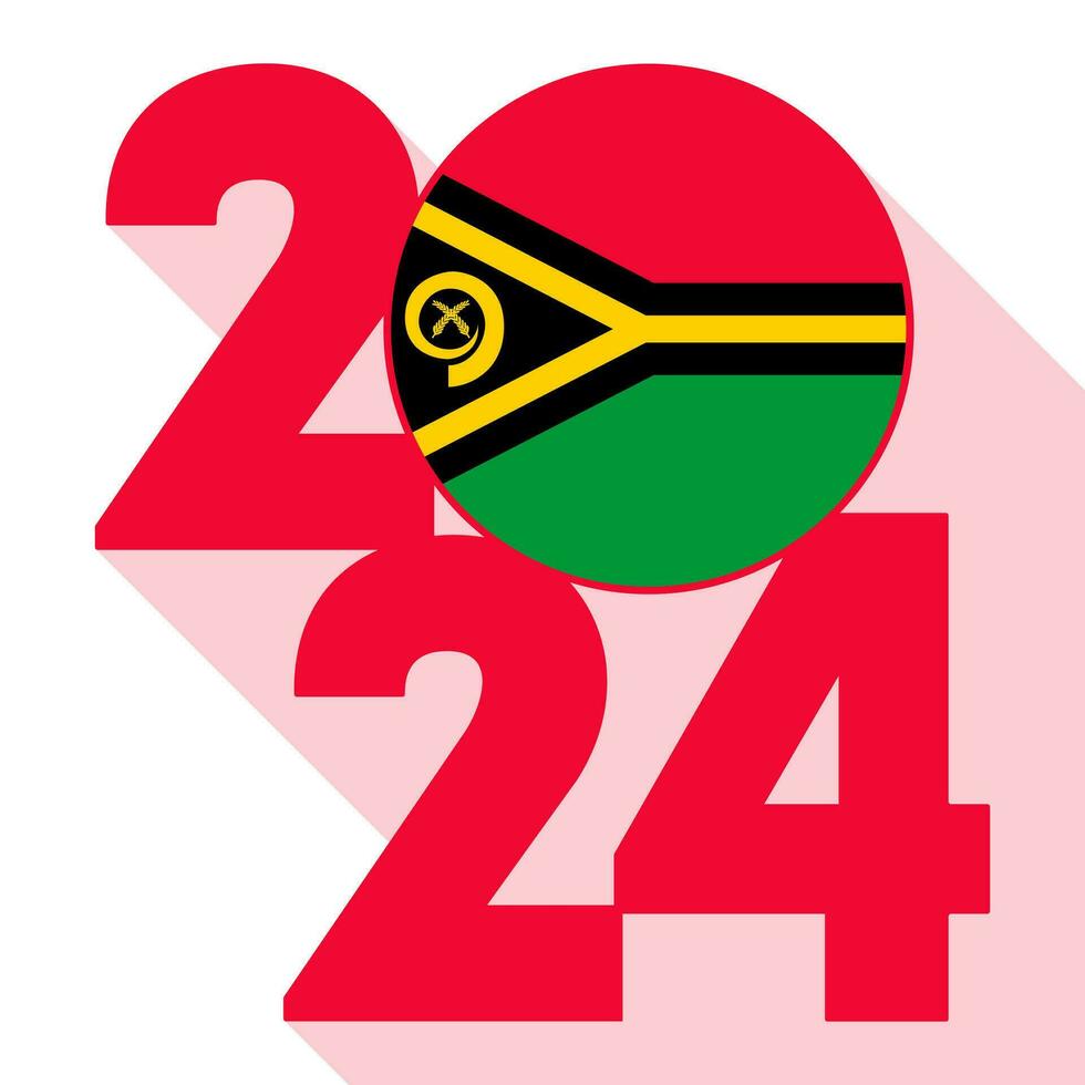Happy New Year 2024, long shadow banner with Vanuatu flag inside. Vector illustration.