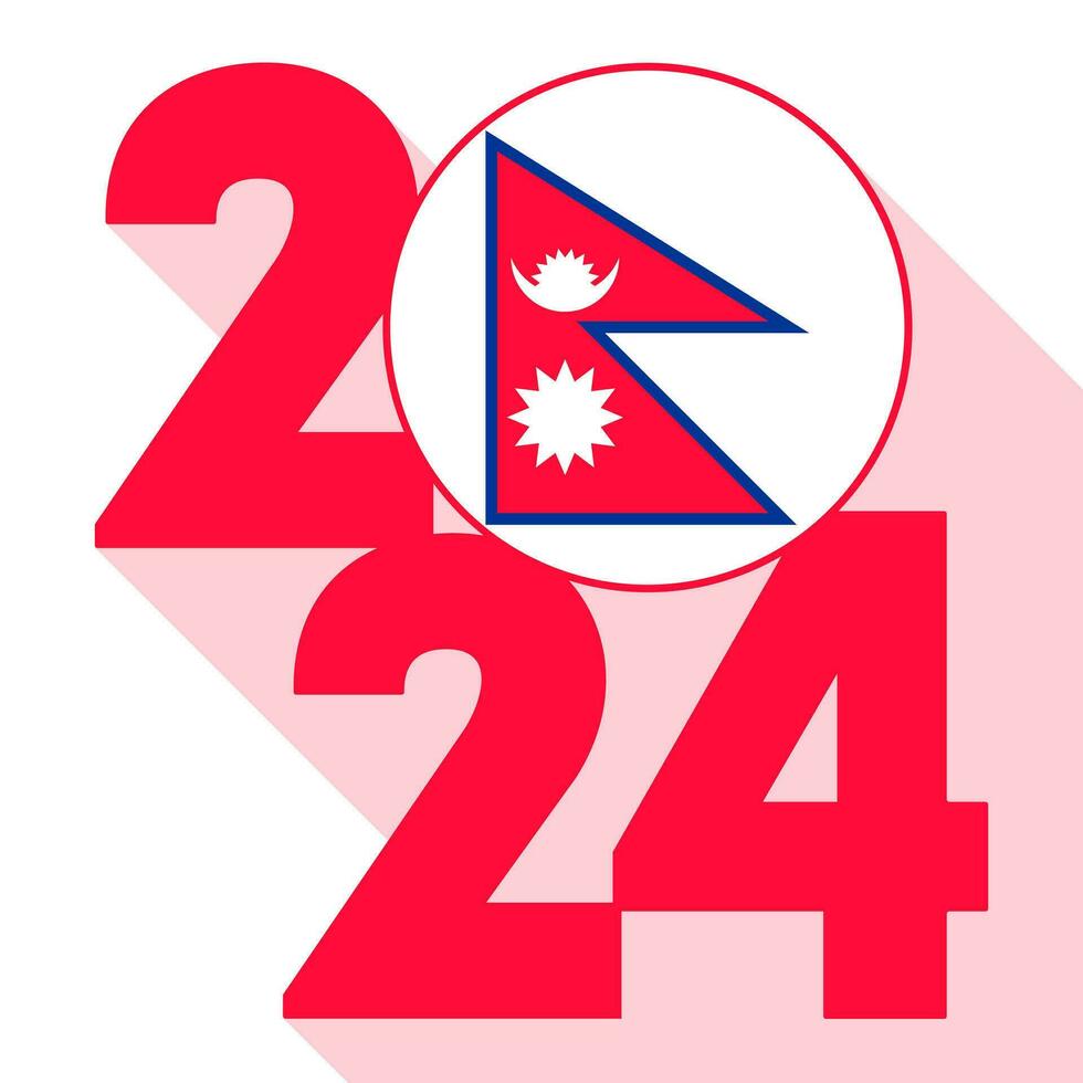 Happy New Year 2024, long shadow banner with Nepal flag inside. Vector illustration.