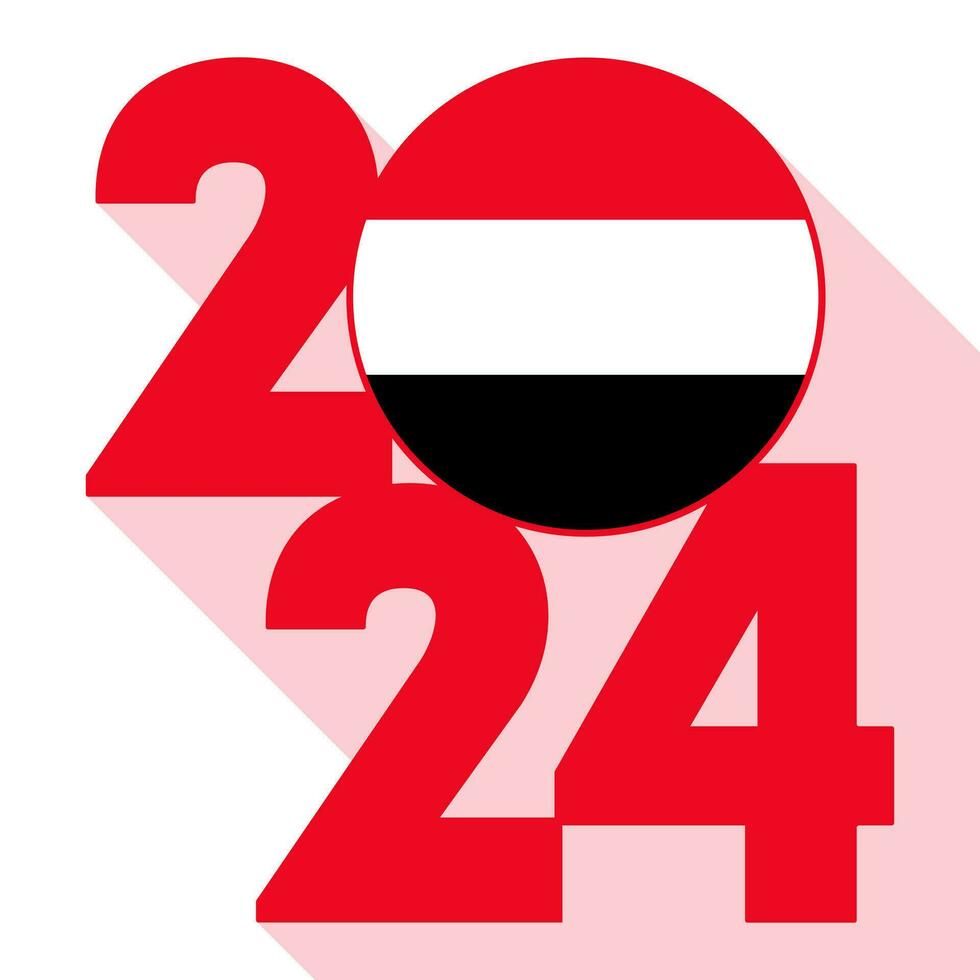 Happy New Year 2024, long shadow banner with Yemen flag inside. Vector illustration.