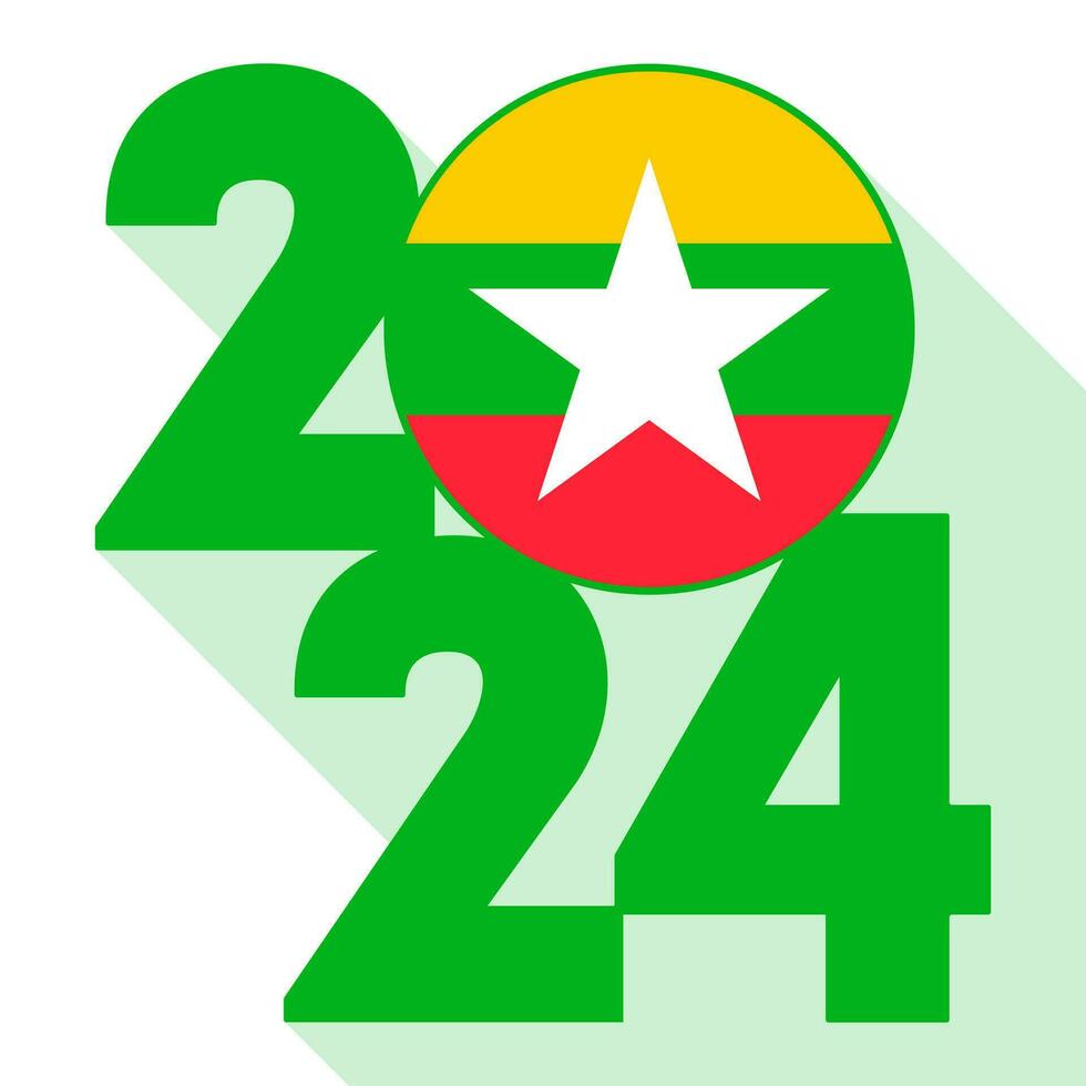 Happy New Year 2024, long shadow banner with Myanmar flag inside. Vector illustration.