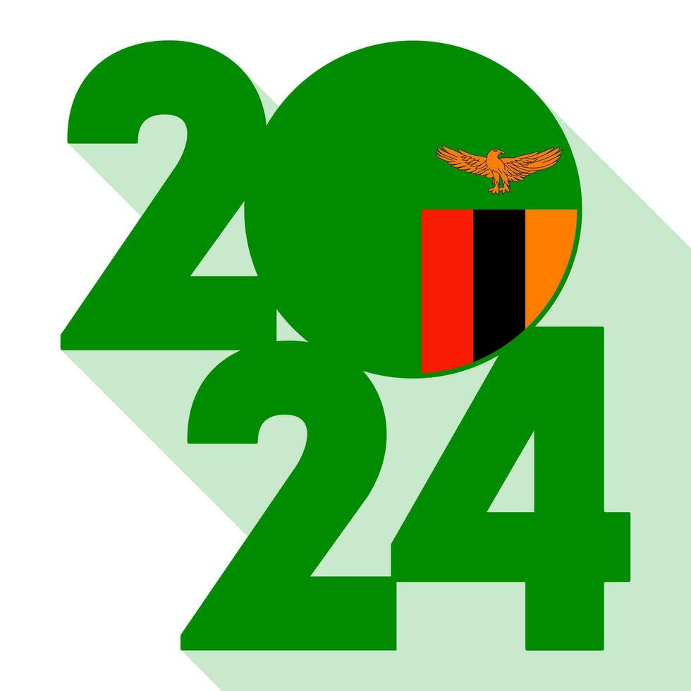 Happy New Year 2024, long shadow banner with Zambia flag inside. Vector illustration.