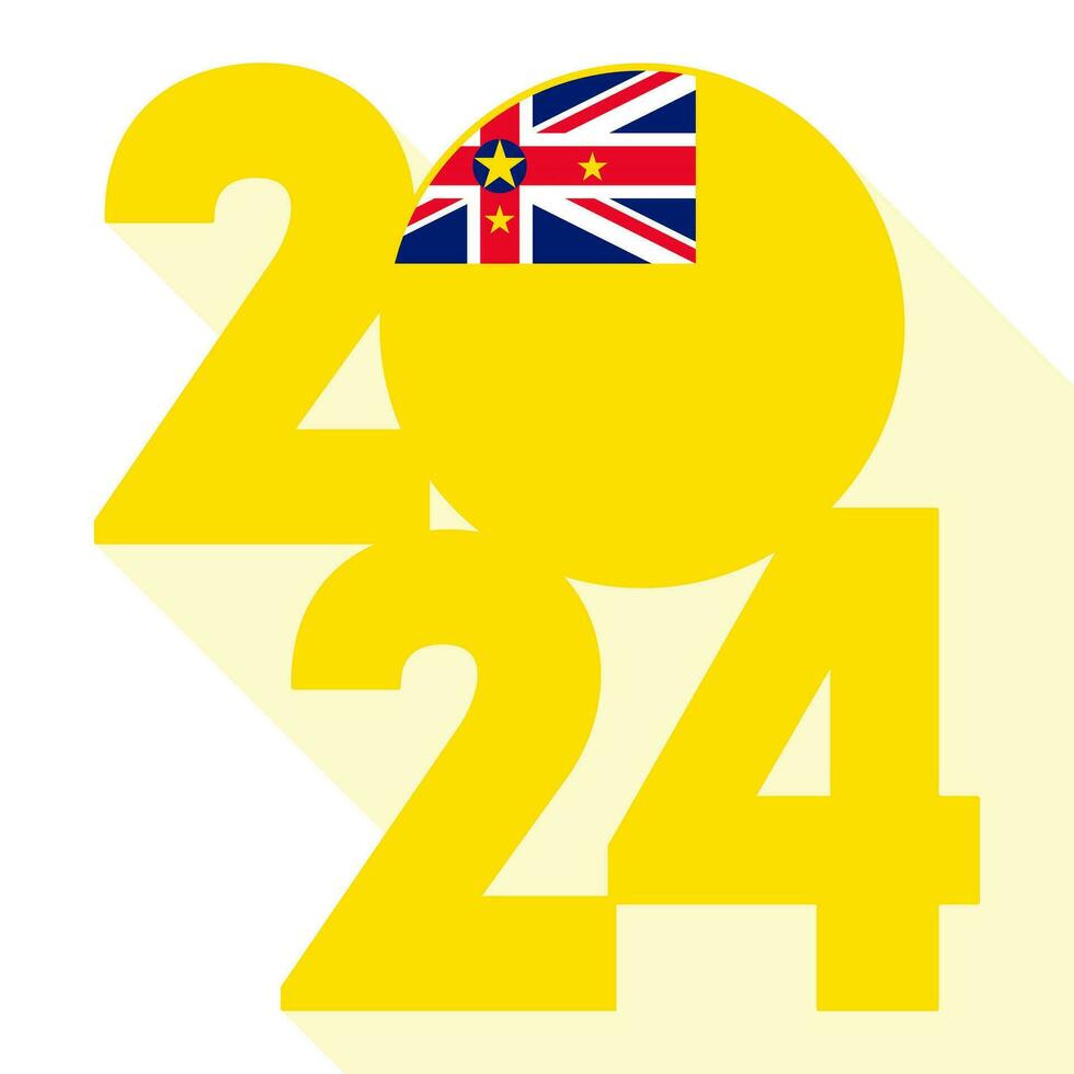 Happy New Year 2024, long shadow banner with Niue flag inside. Vector