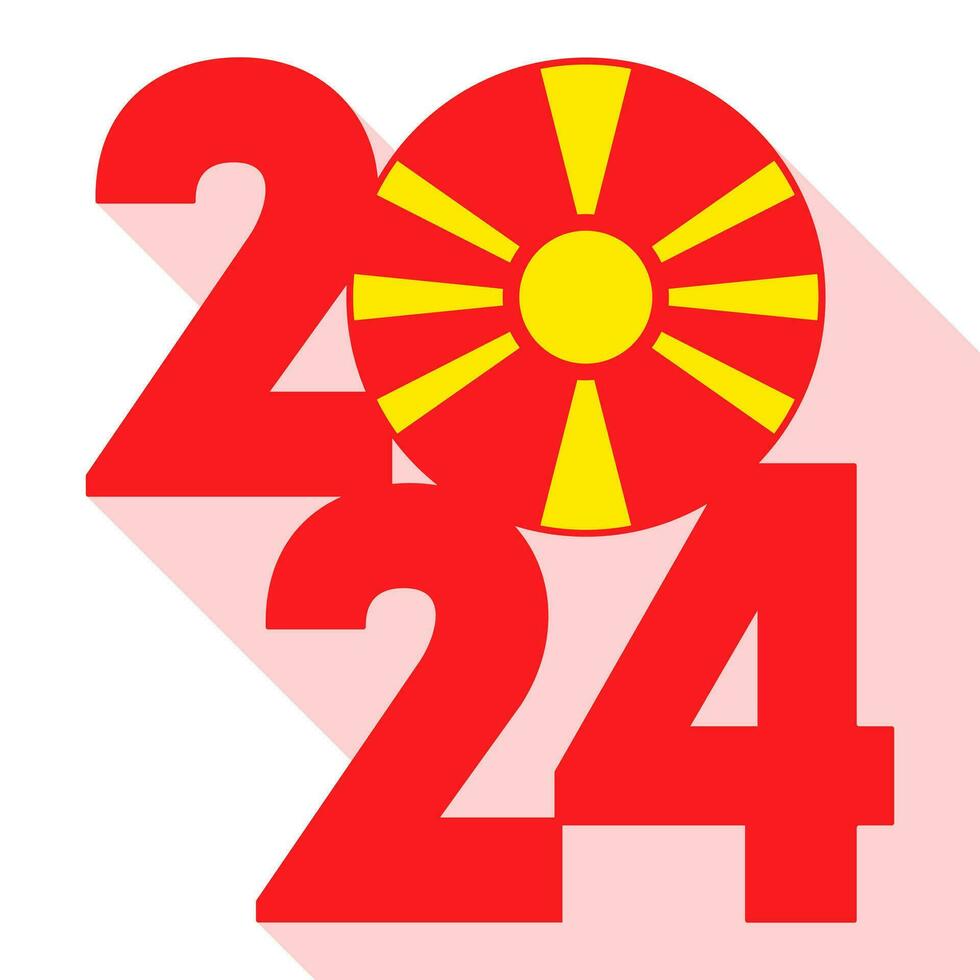 Happy New Year 2024, long shadow banner with North Macedonia flag inside. Vector illustration.