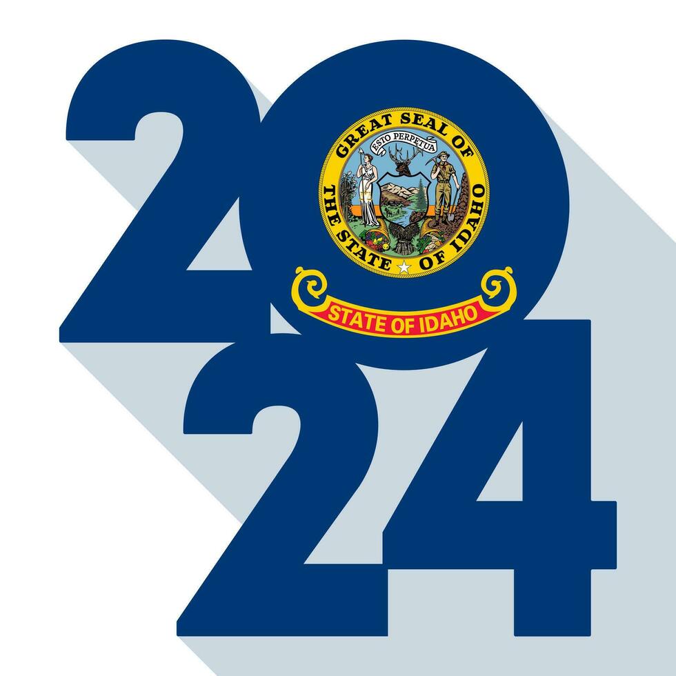 2024 long shadow banner with Idaho state flag inside. Vector illustration.