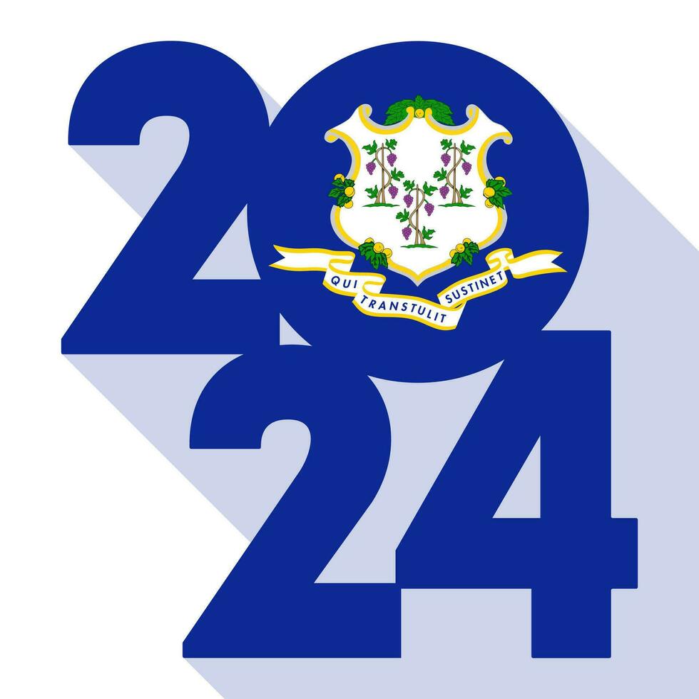 2024 long shadow banner with Connecticut state flag inside. Vector illustration.