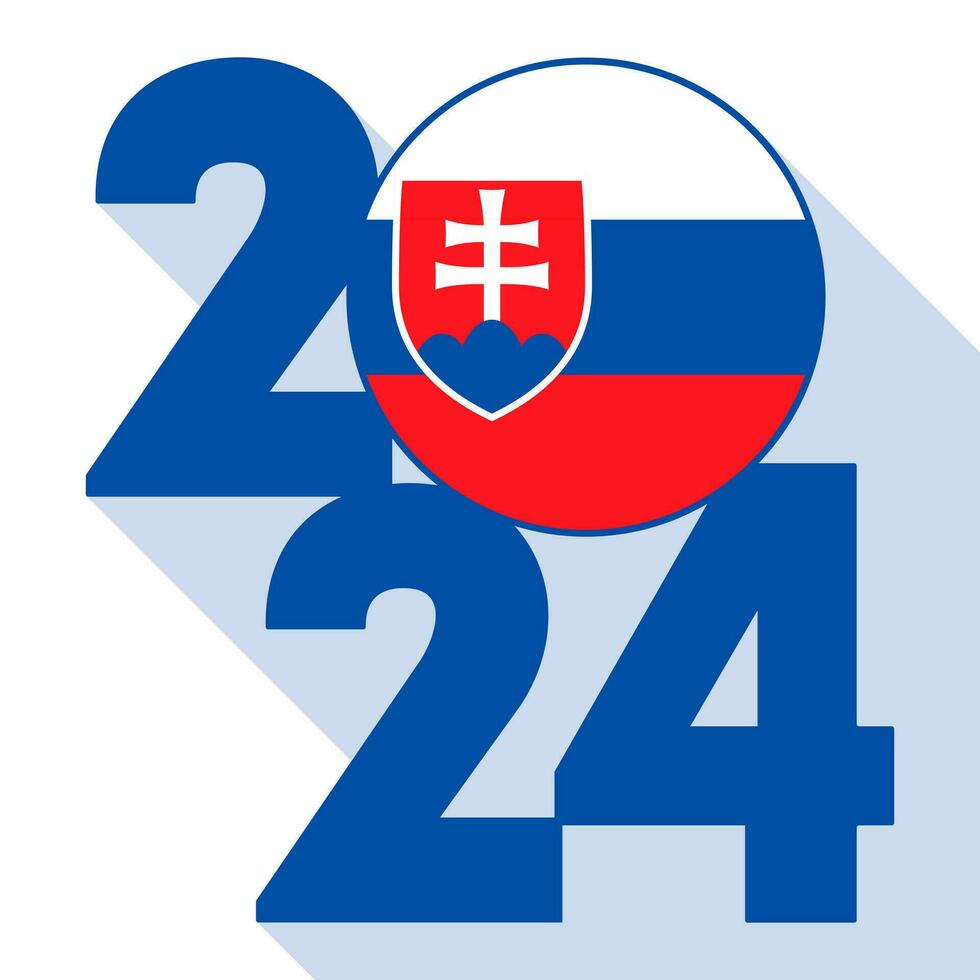 Happy New Year 2024, long shadow banner with Slovakia flag inside. Vector illustration.