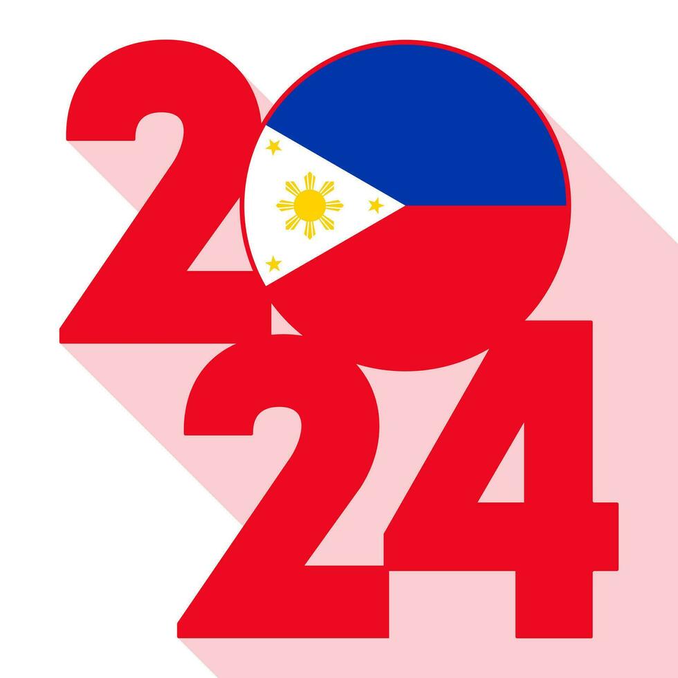 Happy New Year 2024, long shadow banner with Philippines flag inside. Vector illustration.